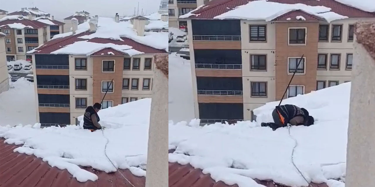 Çatıyı temizlerken ezan okundu, karların üzerinde namazını kıldı