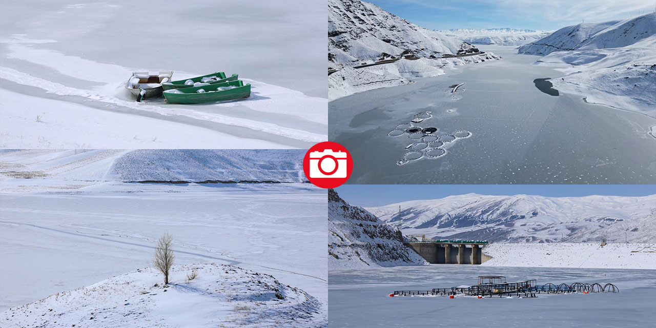 Buz tutan Zernek Barajı görüntülendi