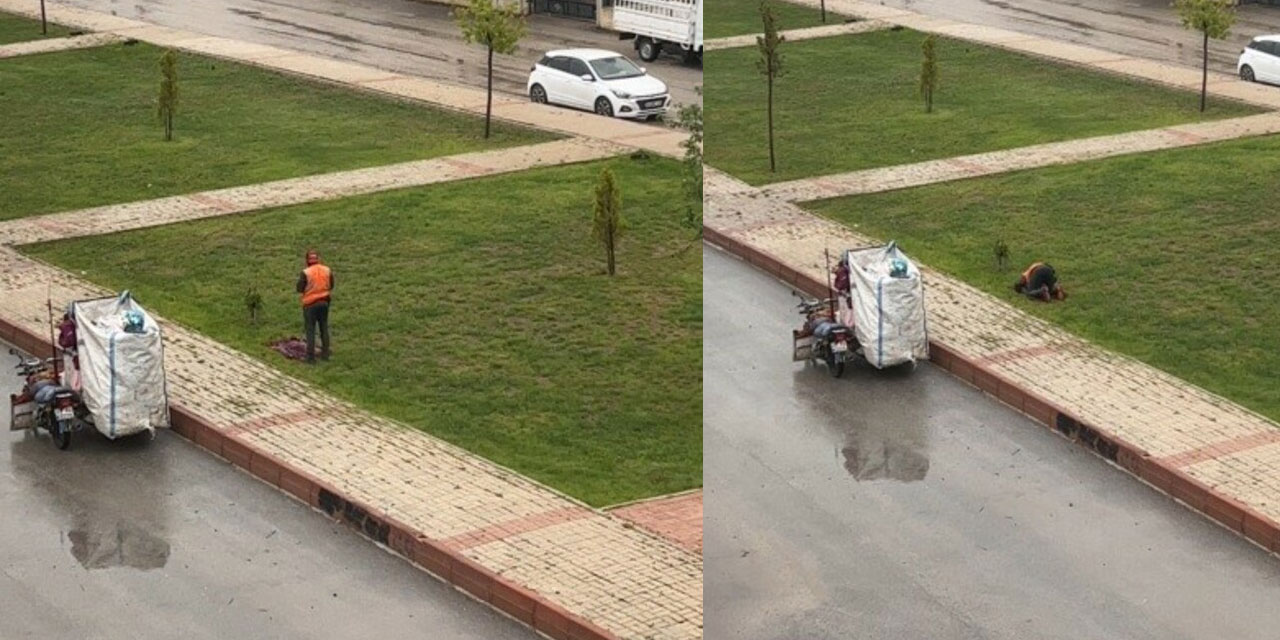 1 Mayıs İşçi Bayramının en güzel görüntüsü: Sağanak yağmurda namaz kıldı