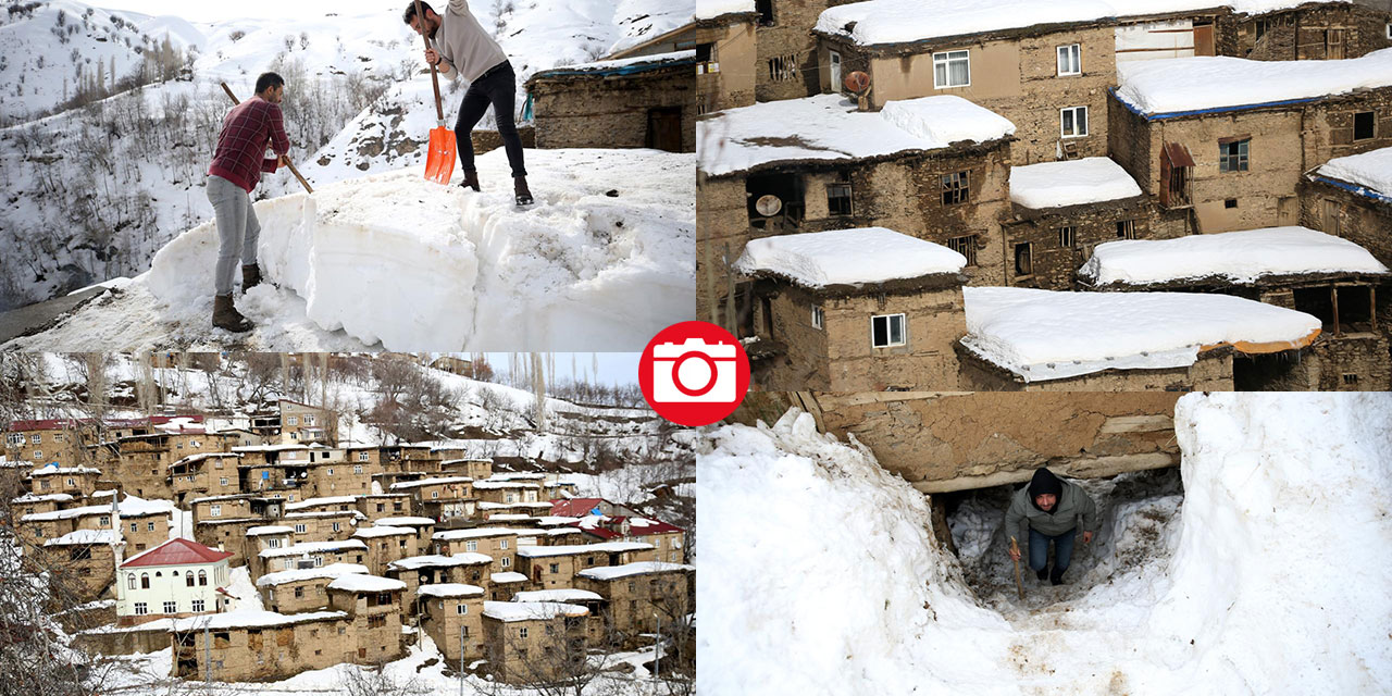 Hizan'ın asırlık taş evlerin damındaki karlar imece usulüyle temizleniyor