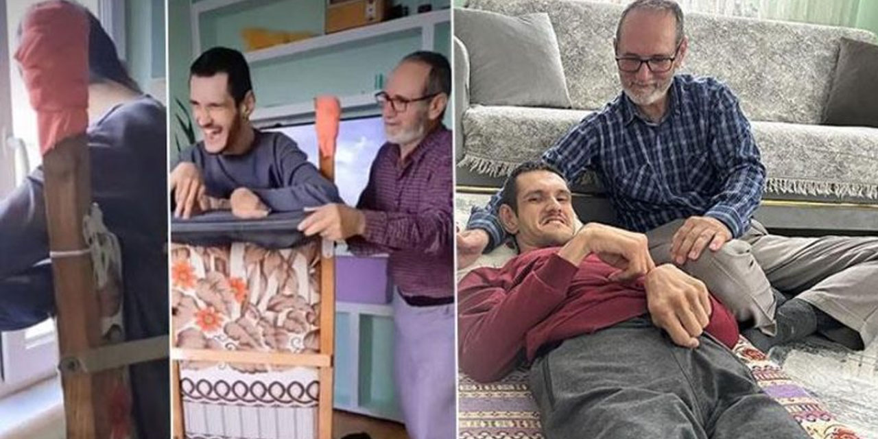 'Allah'ın hediyesi' dediği engelli oğlu için hazırladığı aparatla gönülleri fethetti
